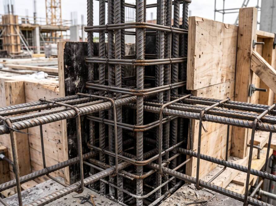 Kolon-kiriş birleşiminde donatı ve etriyeler, beton öncesi kalıp
