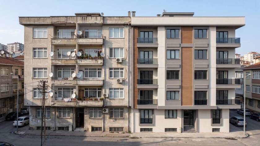 Eski bir apartman binası ile yanındaki yeni modern konut binası