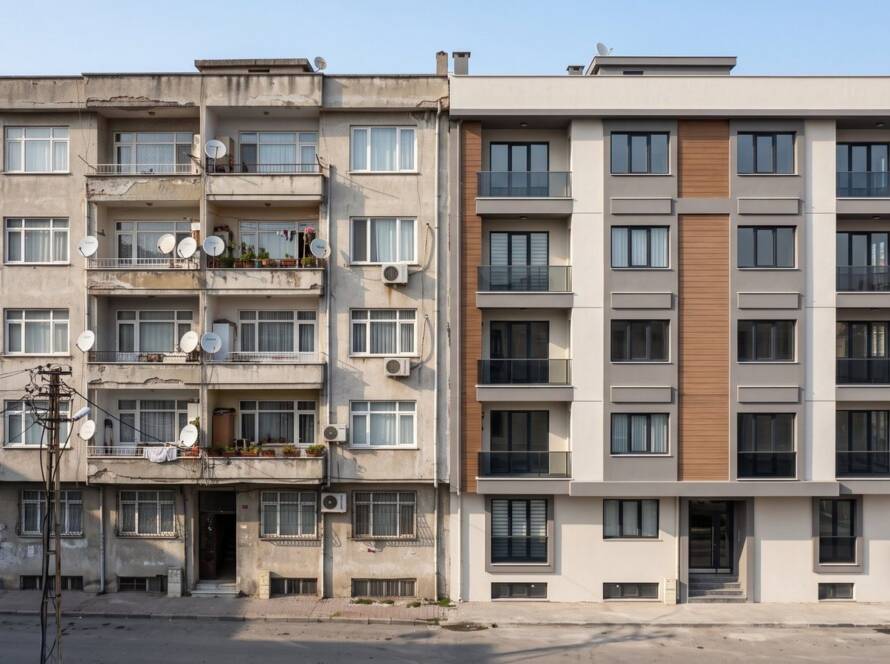 Eski bir apartman binası ile yanındaki yeni modern konut binası