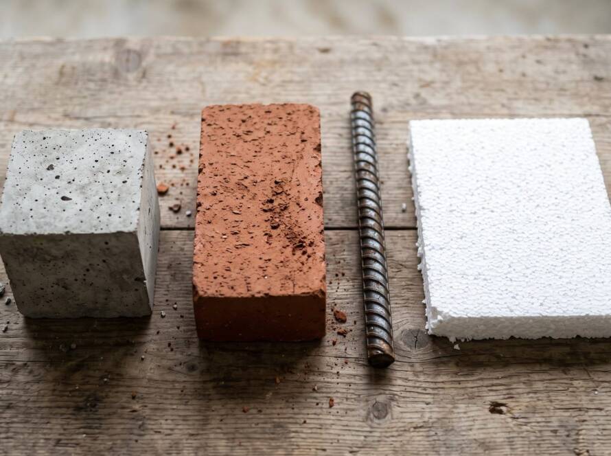 Masa üzerinde beton numune, tuğla, inşaat demiri ve yalıtım levhası