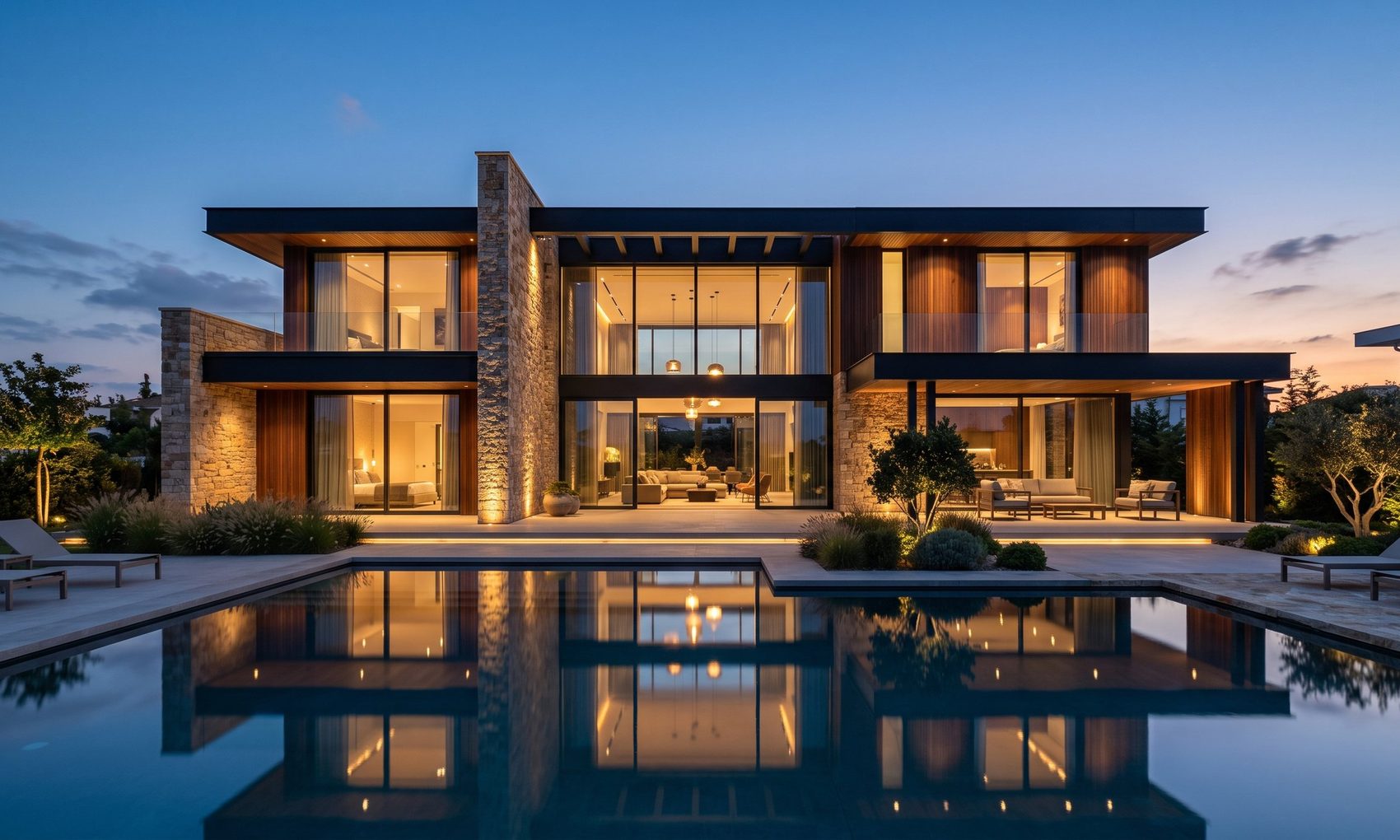 Alacakaranlıkta aydınlatılmış modern villa ve havuz yansıması