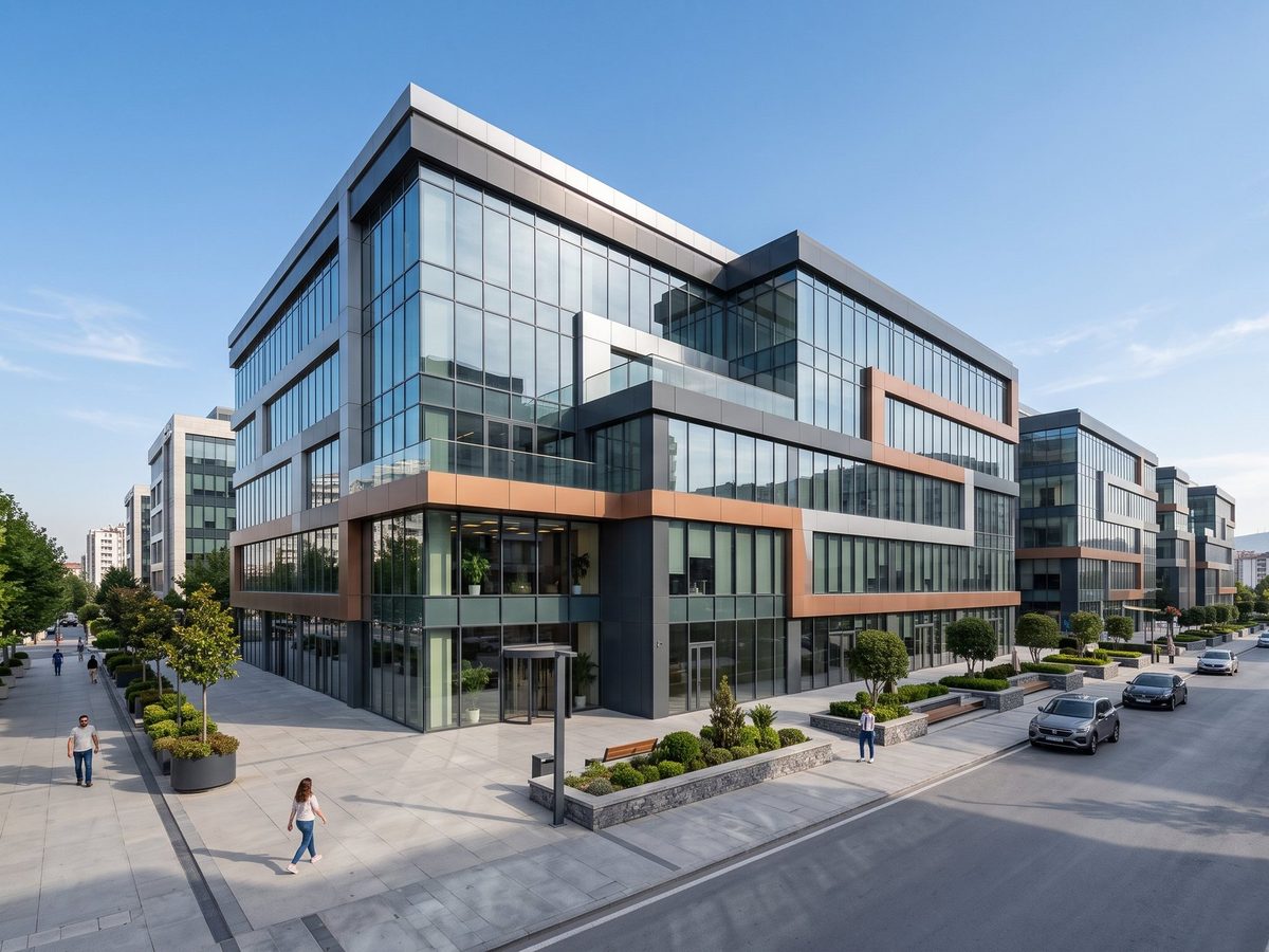 Cam ve kompozit cepheli modern ticari ofis binası